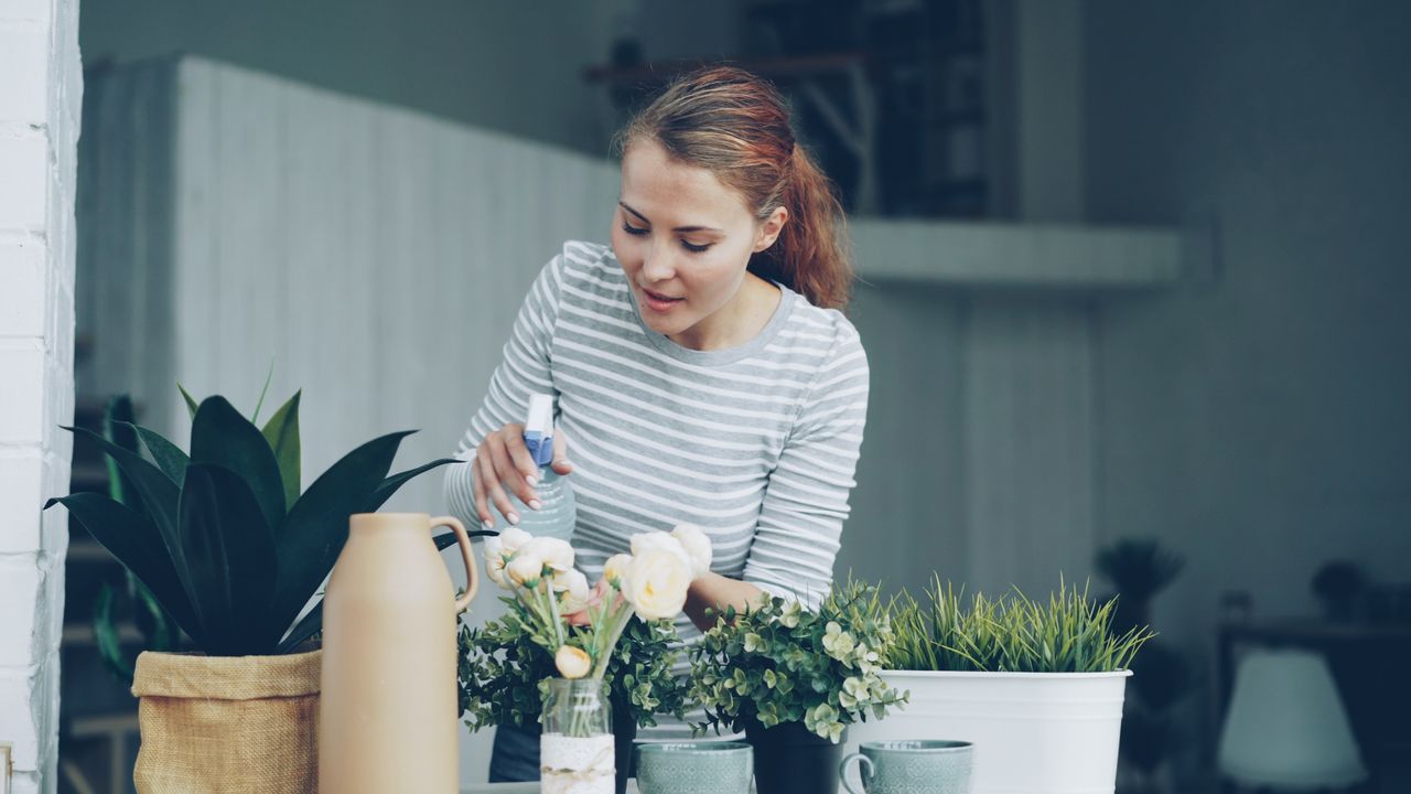 services-04 Woman tending to indoor plants indoors, promoting gardening and home decor.